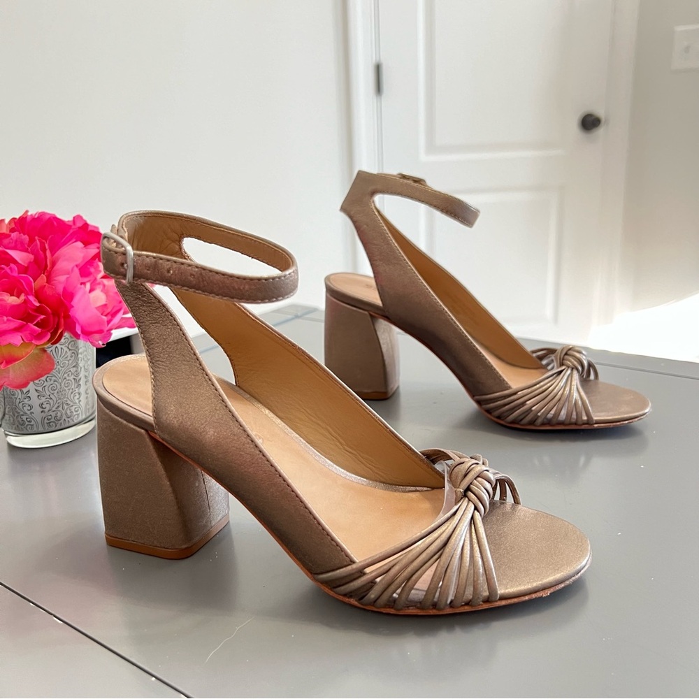 Bernardo Metallic Gold Tan Brazilian Leather Nadia Sandal Heels - Picture 2 of 13